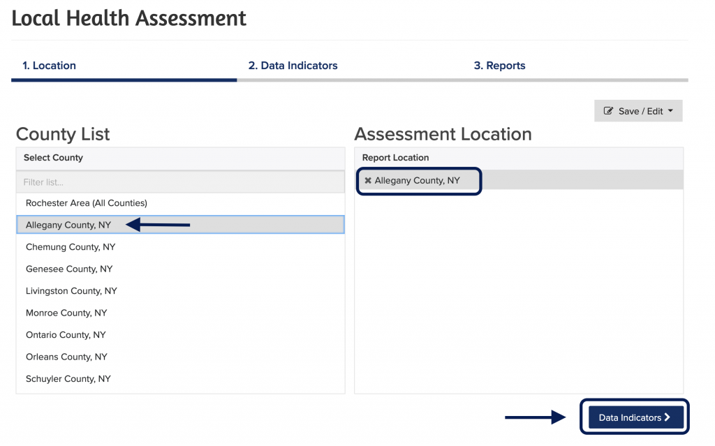 Location selection step in the RocHealth data assessment tool