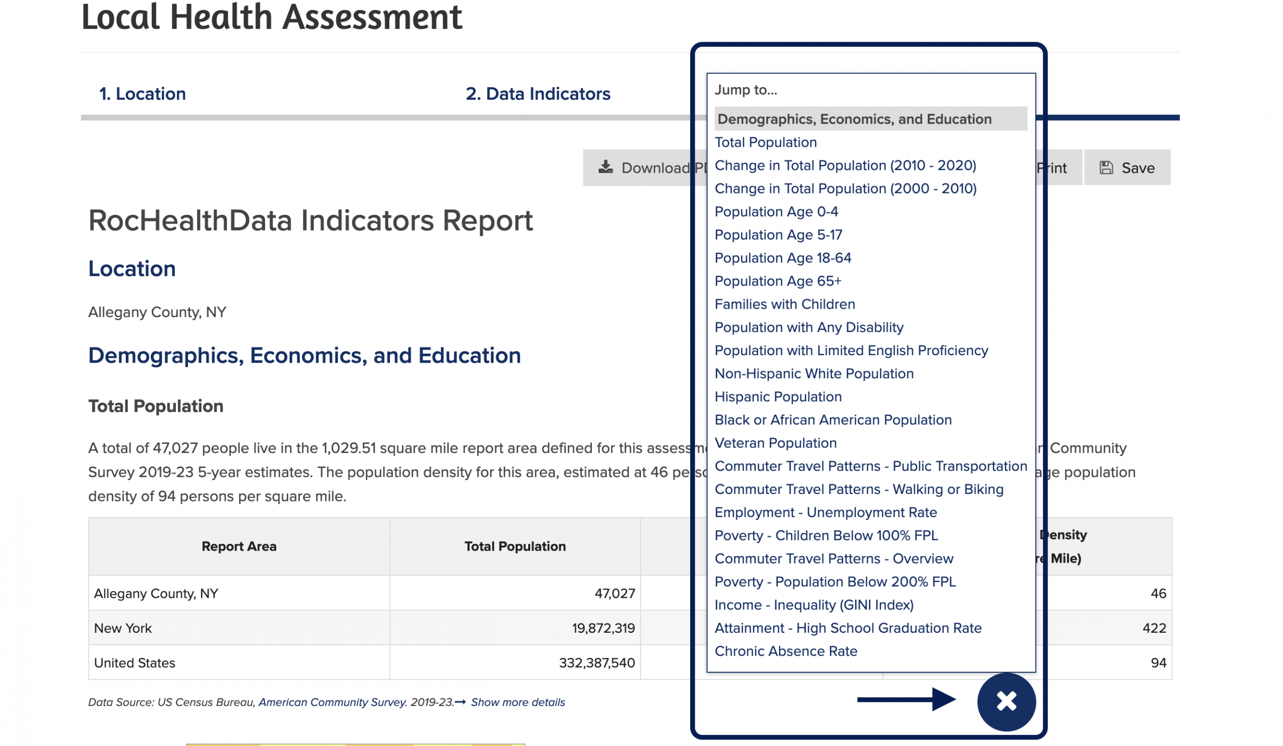 Navigation menu in completed local health assessment
