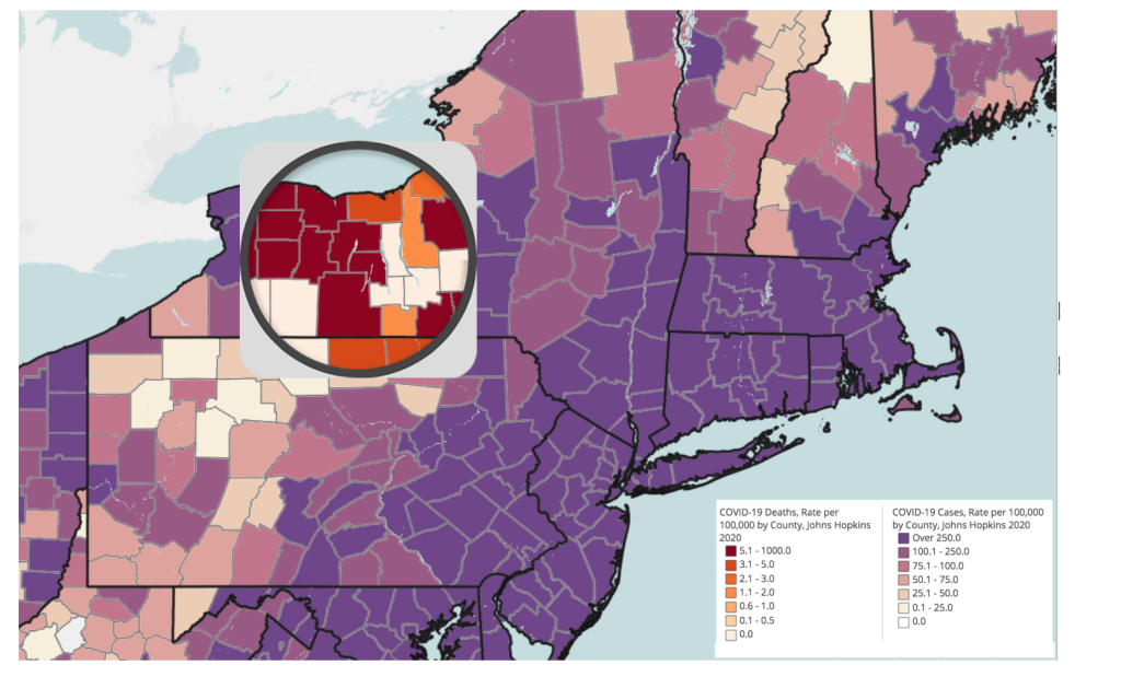 Shaded map of COVID deaths vs rates