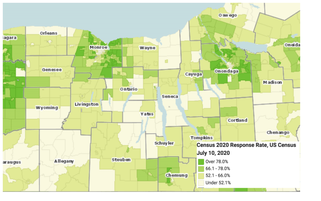 Shaded map of the Census 2020 response rate