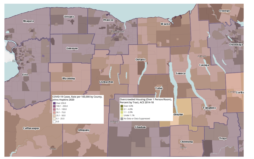 Shaded map of COVID rates vs overcrowded housing