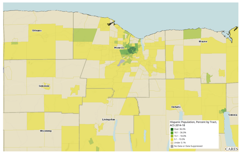 Shaded map of Hispanic population by census tract