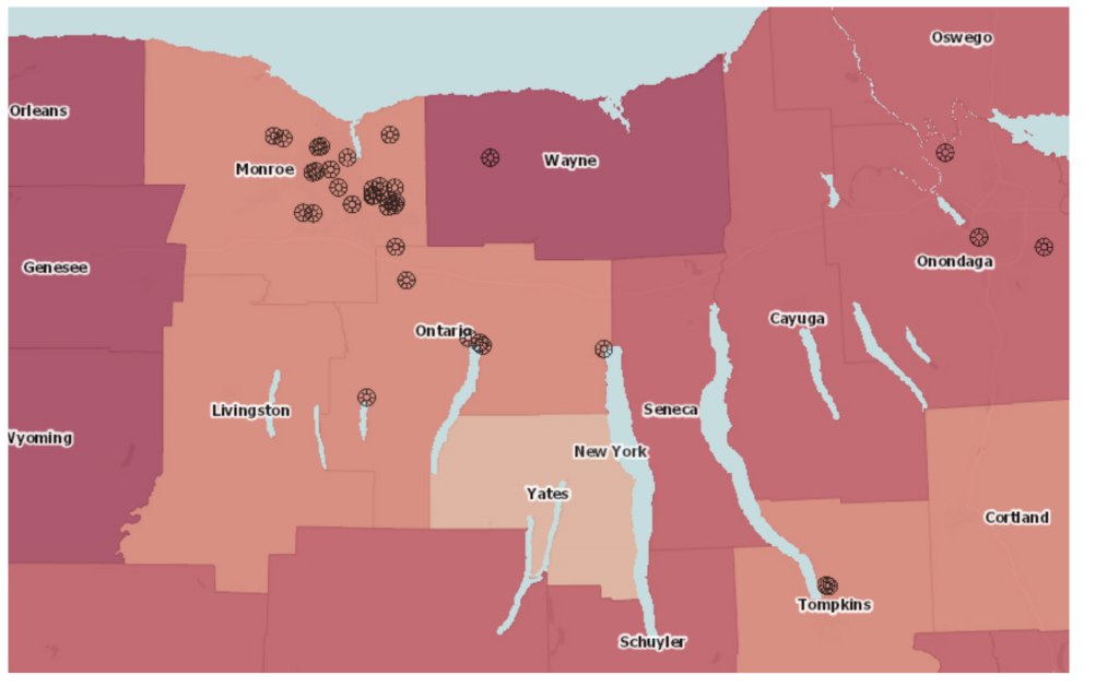 Shaded map of Monroe and surrounding counties