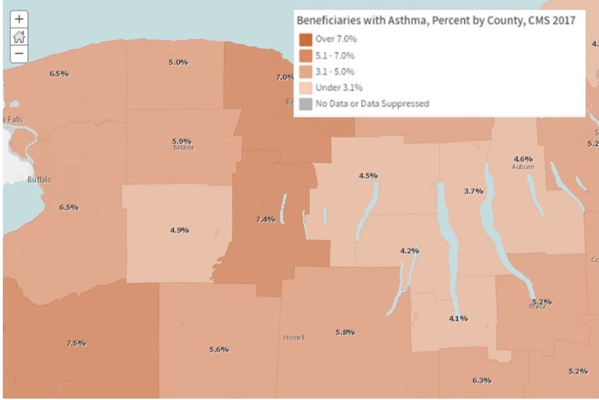 Shaded map of beneficiaries with asthma, percent by county