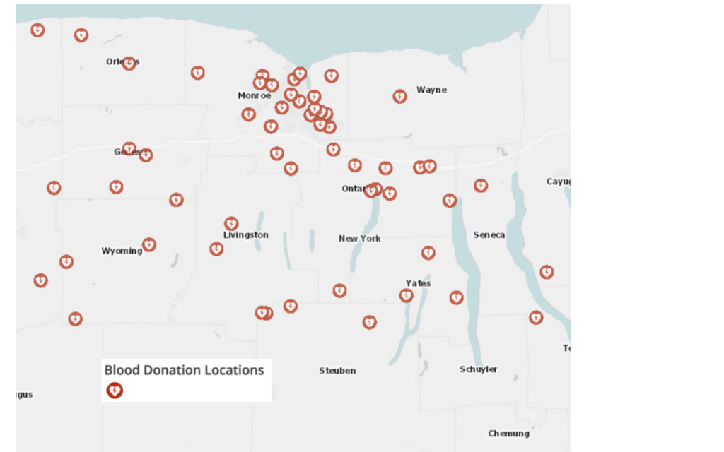 Pinned map of blood donation locations in Monroe and surrounding counties