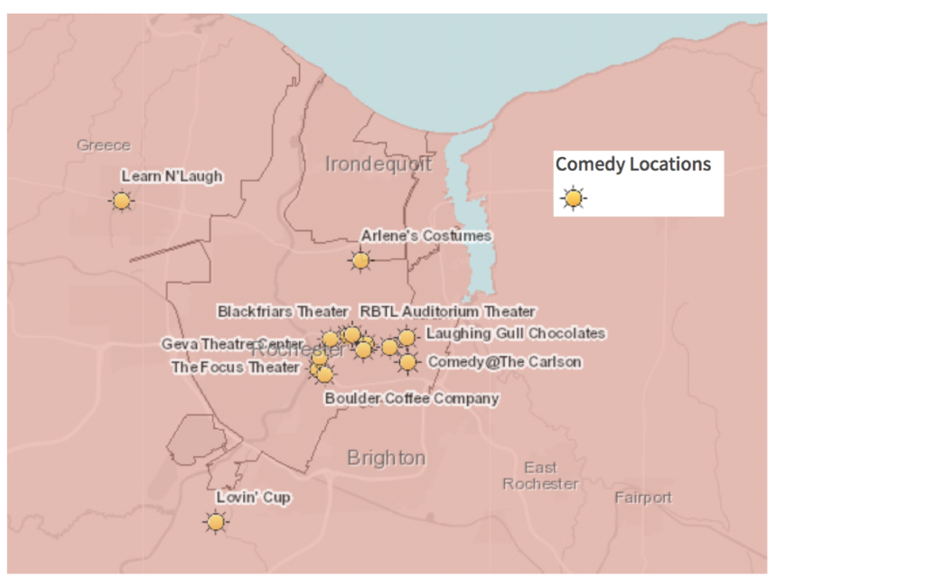 Map of Comedy Locations in the Rochester area