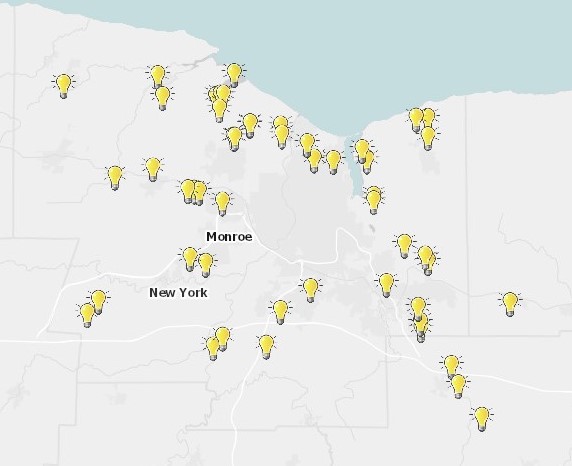 Pinned map of light display locations in the Monroe county area