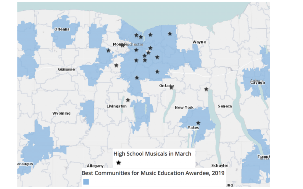 Shaded map of music education awards vs high school musicals