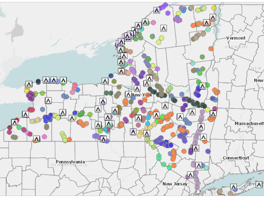 Map of New York state showing multiple colored data points