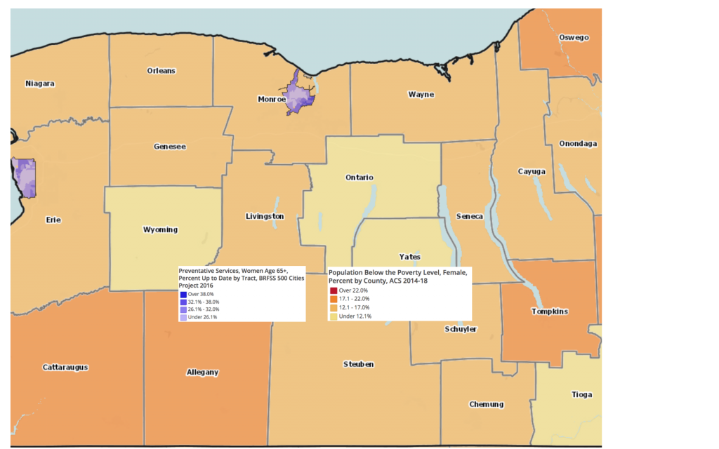 Shaded map of poverty level vs osteoperosis in women