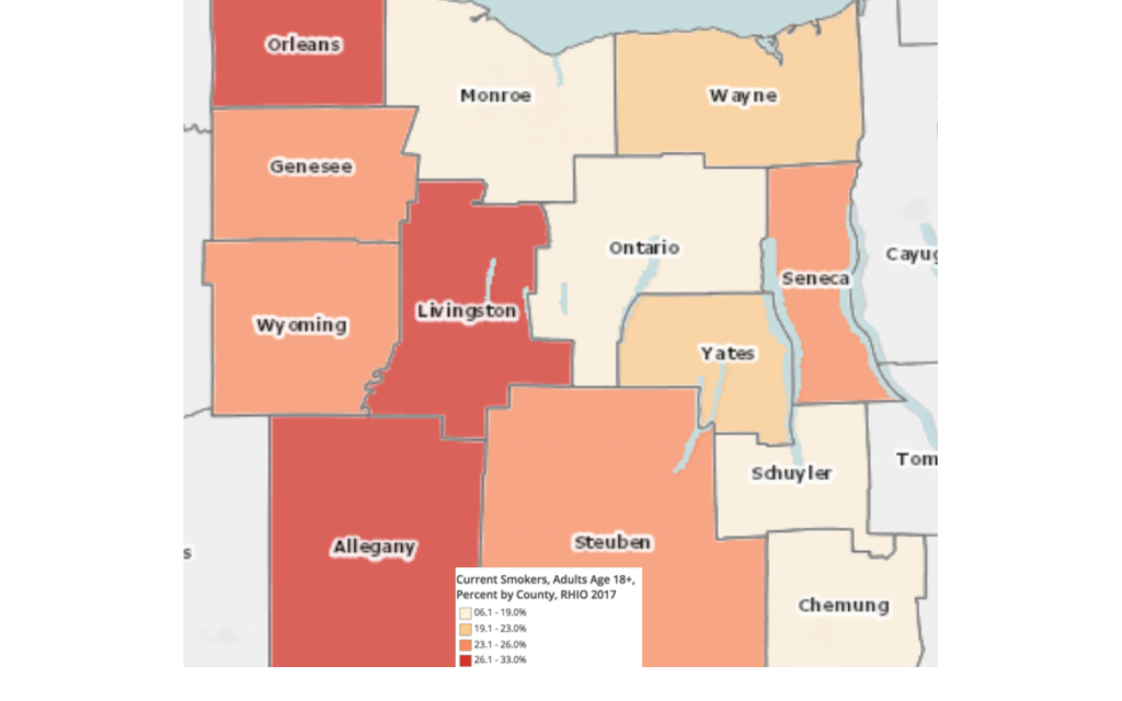 Shaded map of smokers in Monroe and surrounding counties
