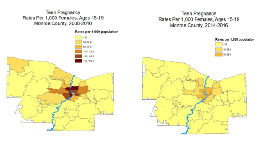 Shaded map showing rates of teen pregnancy comparison across date ranges